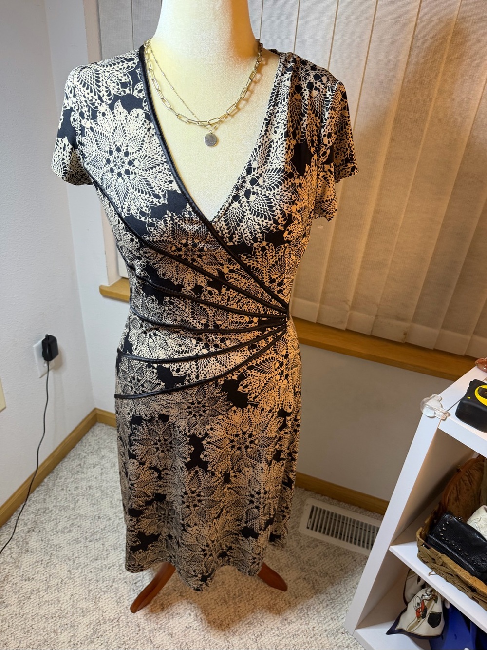 Connected Apparel Black Beige Floral Faux Wrap Dress Size 12